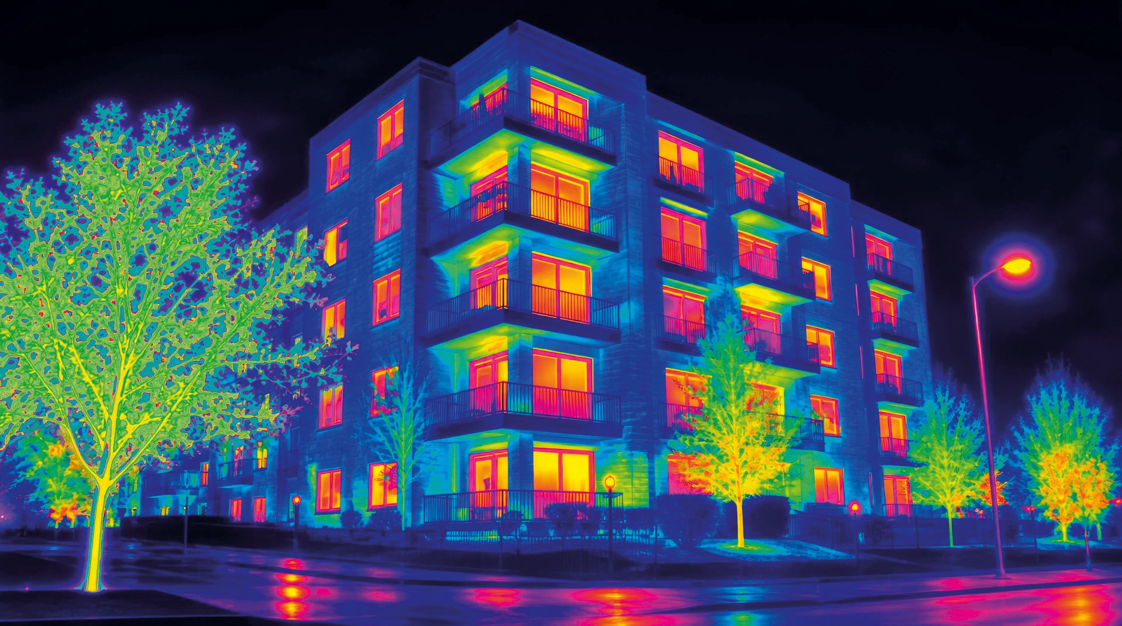 Thermografie-Darstellung eines Mehrfamilienhauses bei Nacht